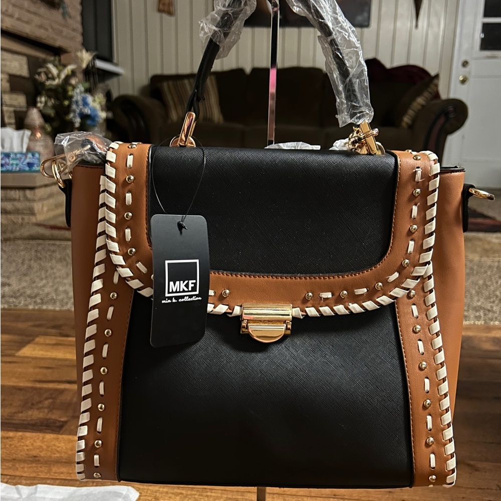 MKF Collection by Mia K Flora ~ Brown/Beige Leather W/ Flora Satchel Bag ~ New - Picture 2 of 16